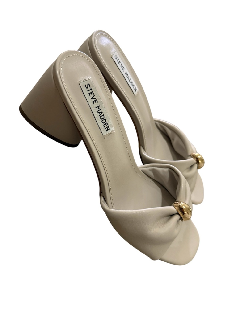 Steve Madden Beige Twisted Strap Block Heel Mules with Gold Accent